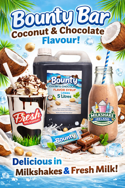 Bounty Flavour Milkshake Mix 5 litre with coconut and chocolate flavor, perfect for delicious milkshakes.