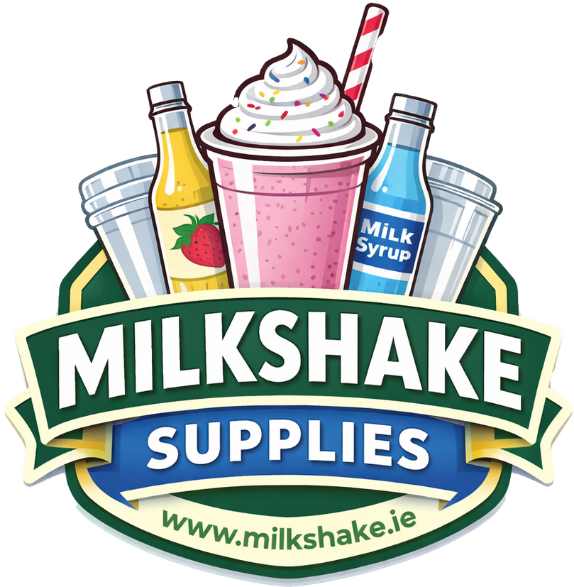 Milkshake Supplies logo featuring milkshake, syrup bottles, and colorful design.