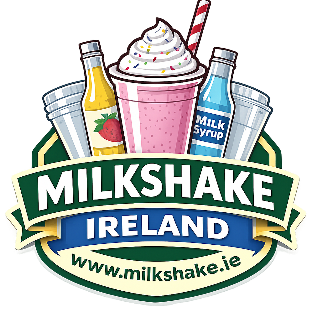 Milkshake Ireland logo featuring bounty flavour milkshake syrups, and cups, representing milkshake products and flavors.