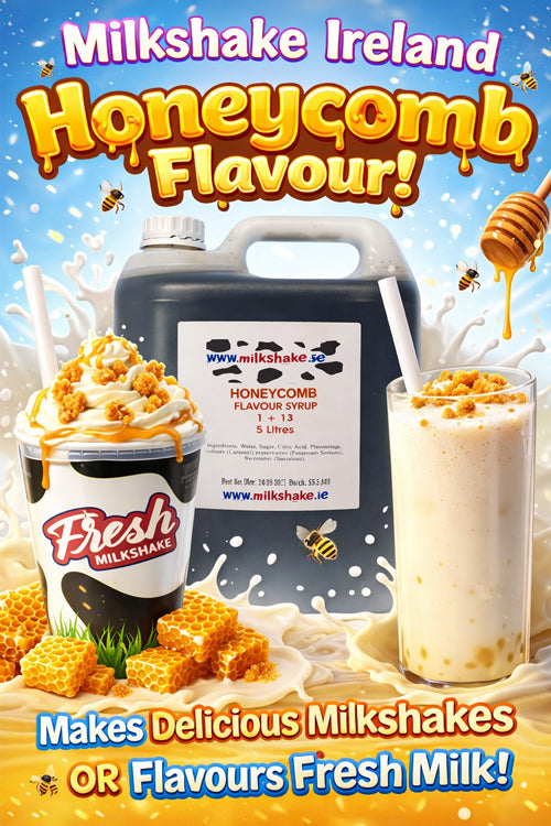 Honeycomb Milkshake Flavouring Syrup in 5 litre bottle with milkshake and honeycomb illustration.