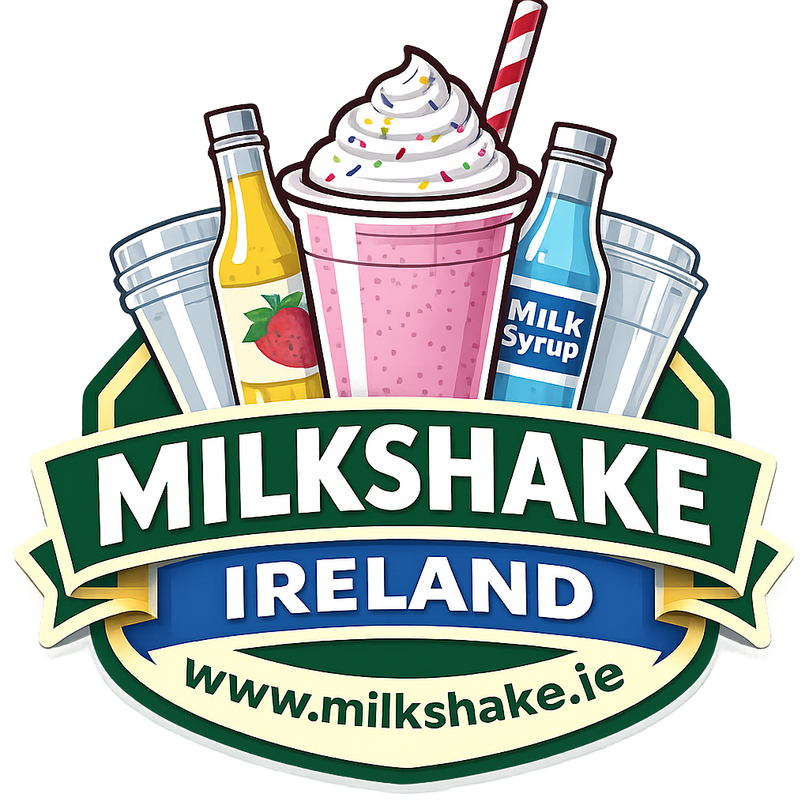 Milkshake Ireland logo featuring bounty flavour milkshake syrups, and cups, representing milkshake products and flavors.